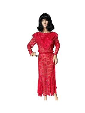 Vintage 1980s Red Lace Art Deco Revival Evening Gown Sheer Maxi Dress
 size XS-S